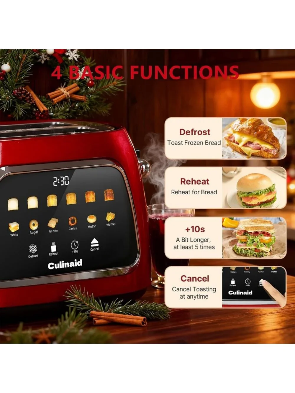2 Slice Red Touch Screen Retro 1.5'' Extra Wide Slot Stainless Steel Toaster